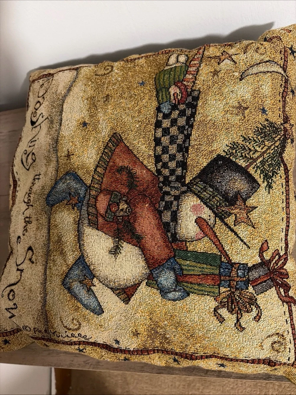 Vintage woven tapestry Christmas throw pillow